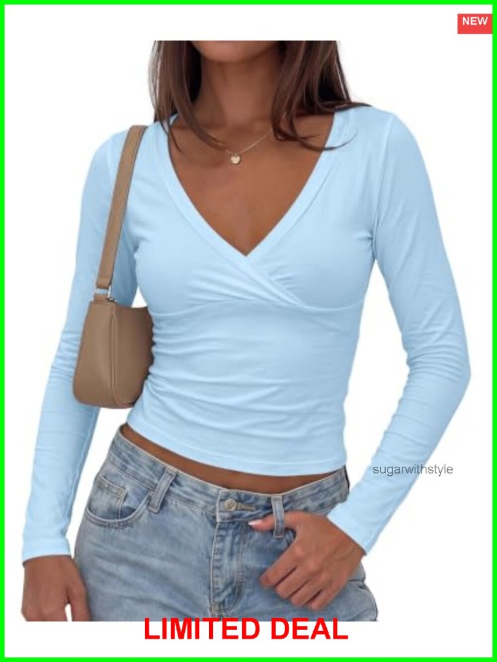 Cotton Crop Top Long Sleeve V Neck Fitted Shirt Preppy Y2K